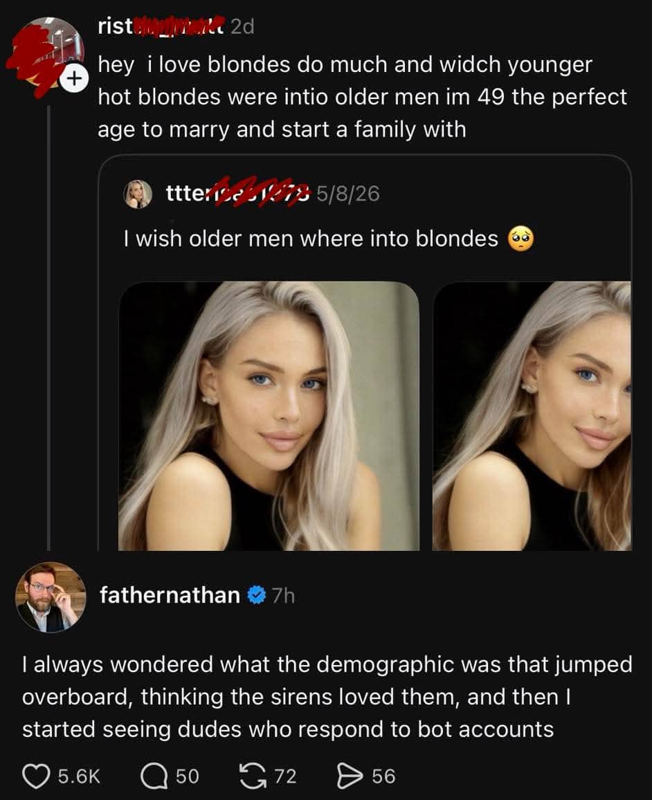 Social media post screenshot showing a man replying earnestly to an obvious blonde bot account.