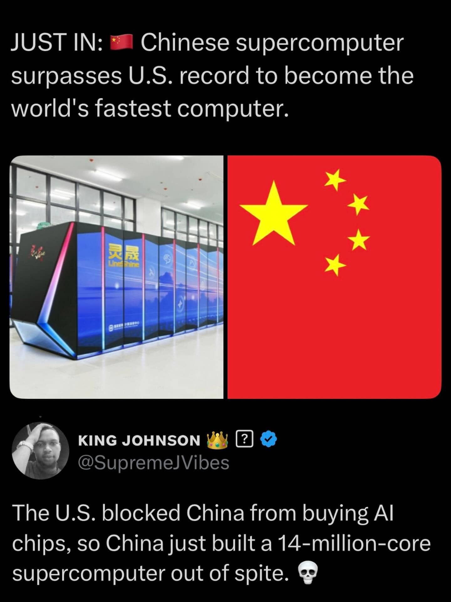 News report image paired with a tweet about China building a massive supercomputer out of spite.