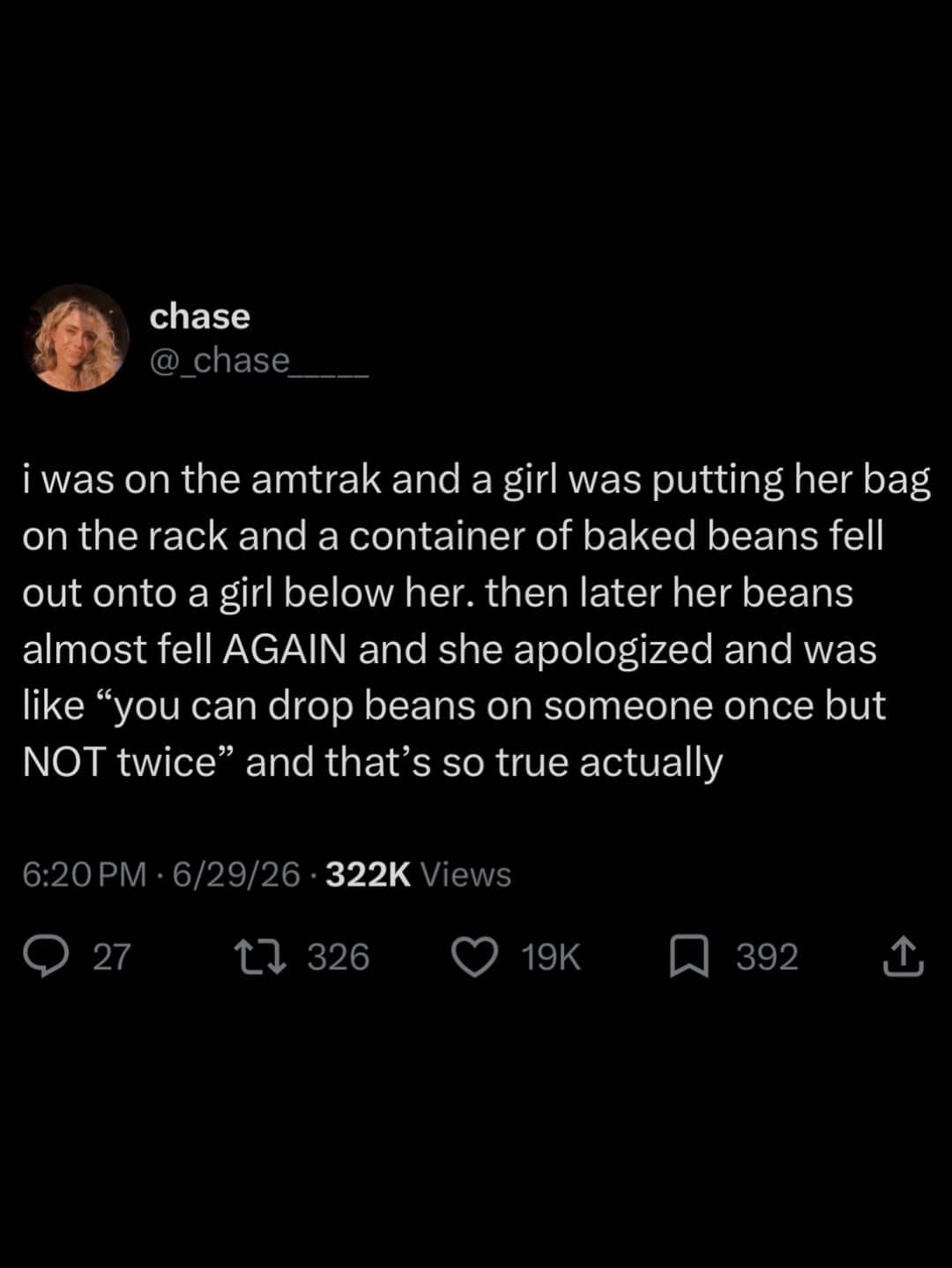 Tweet from Chase recounting a funny story about a container of baked beans on Amtrak.