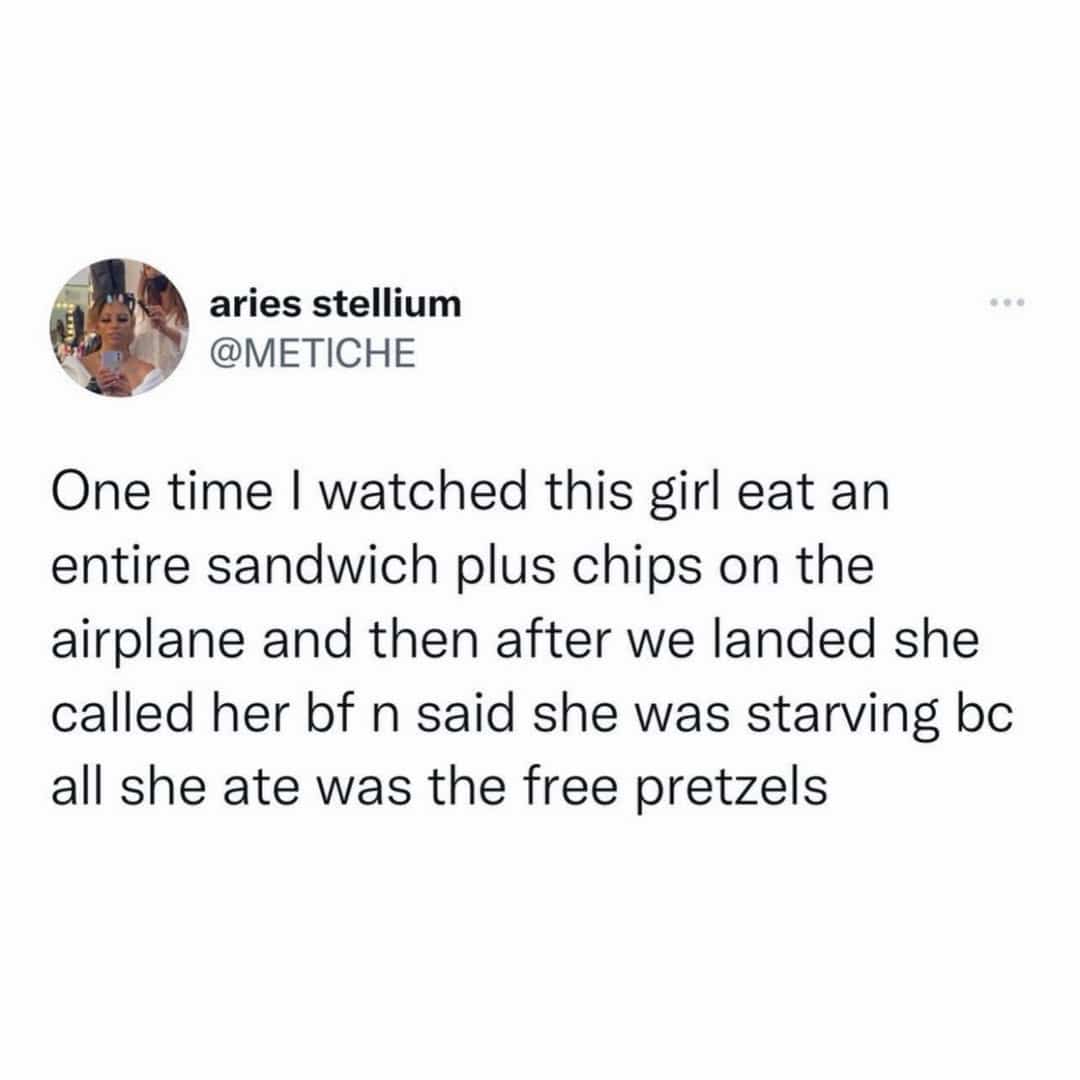 Funny social media post about a girl lying about only eating pretzels during a flight.