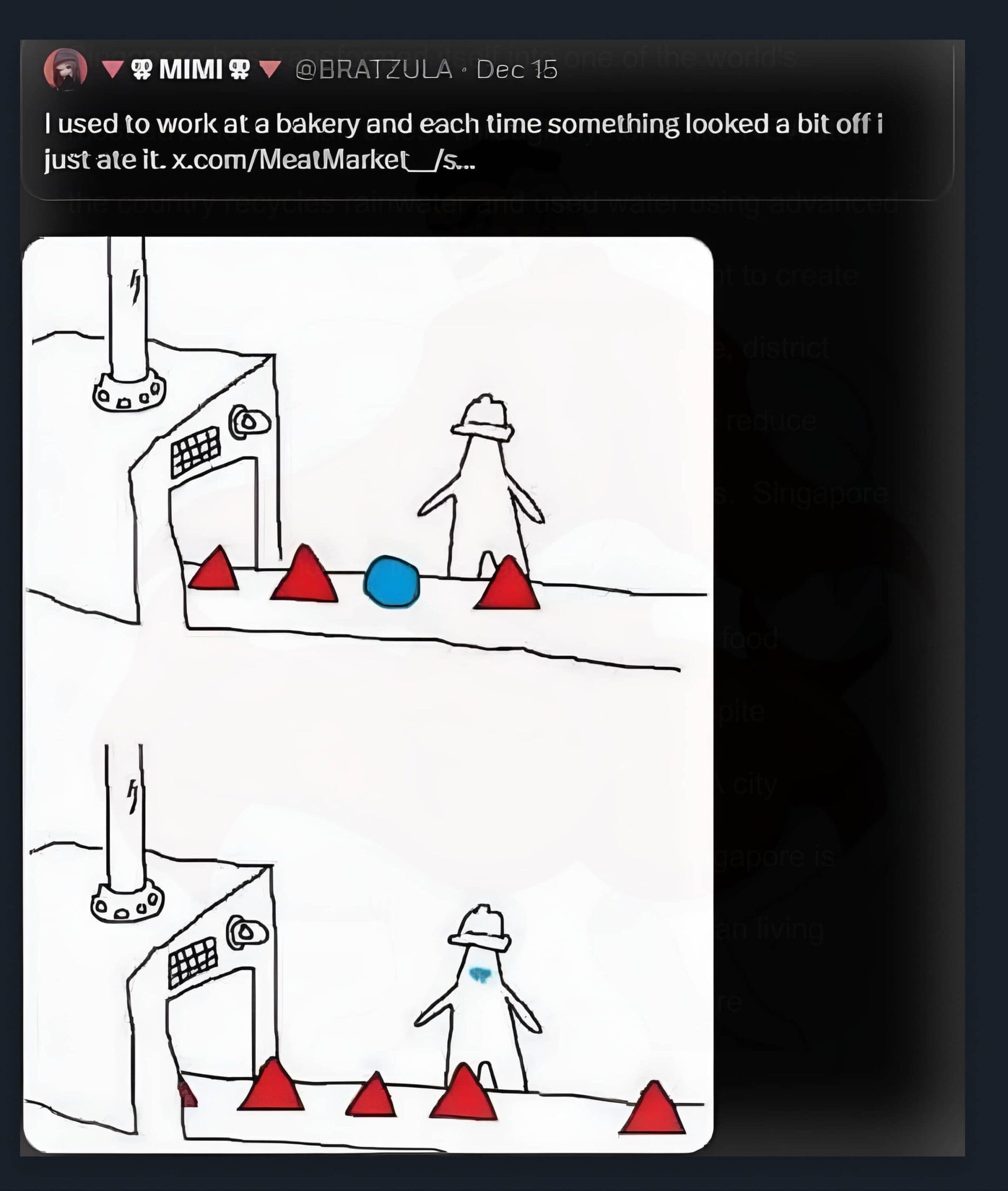 Factory worker cartoon character eating a blue circle off a conveyor belt instead of reporting a defect.