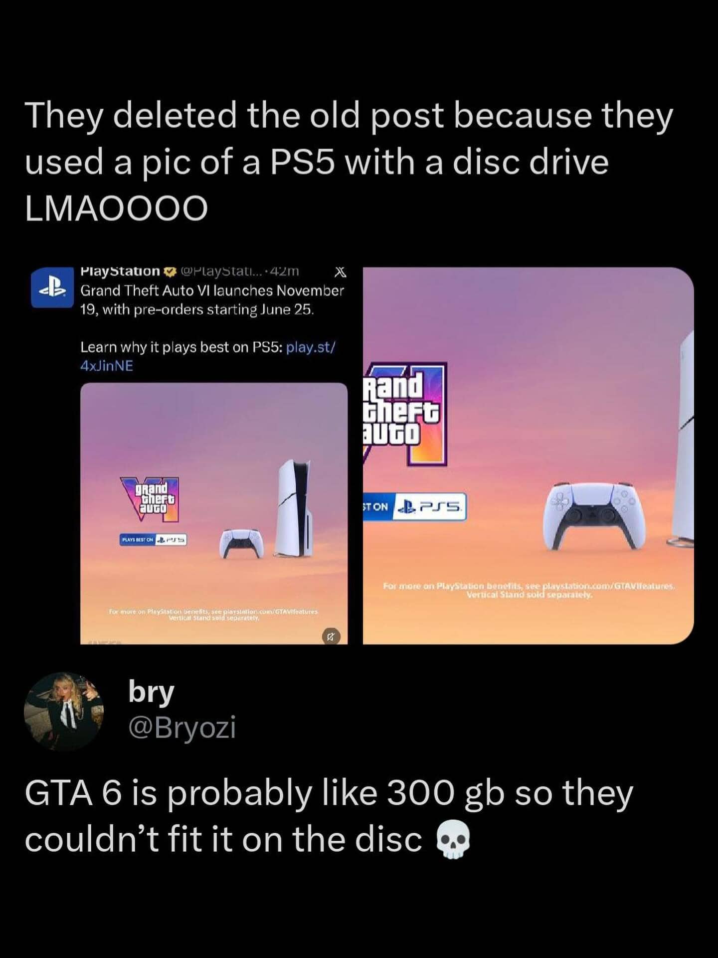 Post showing Grand Theft Auto VI promotional imagery with a joke about file size and discs.