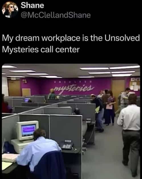 Vintage office cubicles featuring the purple Unsolved Mysteries logo from 1990s television show.