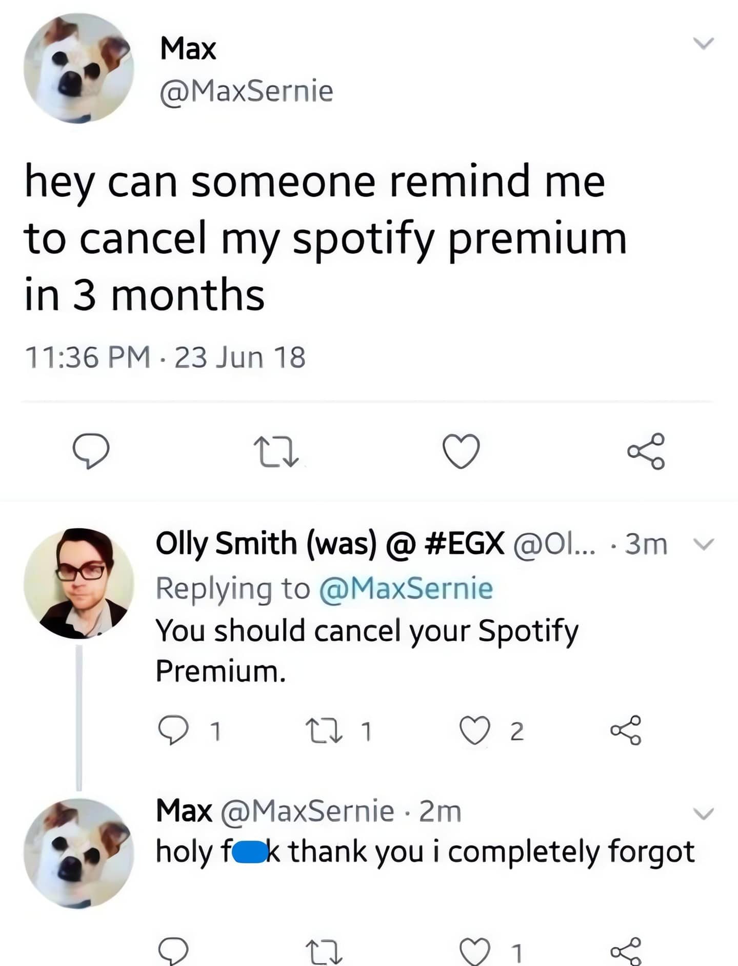 Twitter exchange where a user immediately gets a reminder to cancel Spotify Premium three minutes after asking.