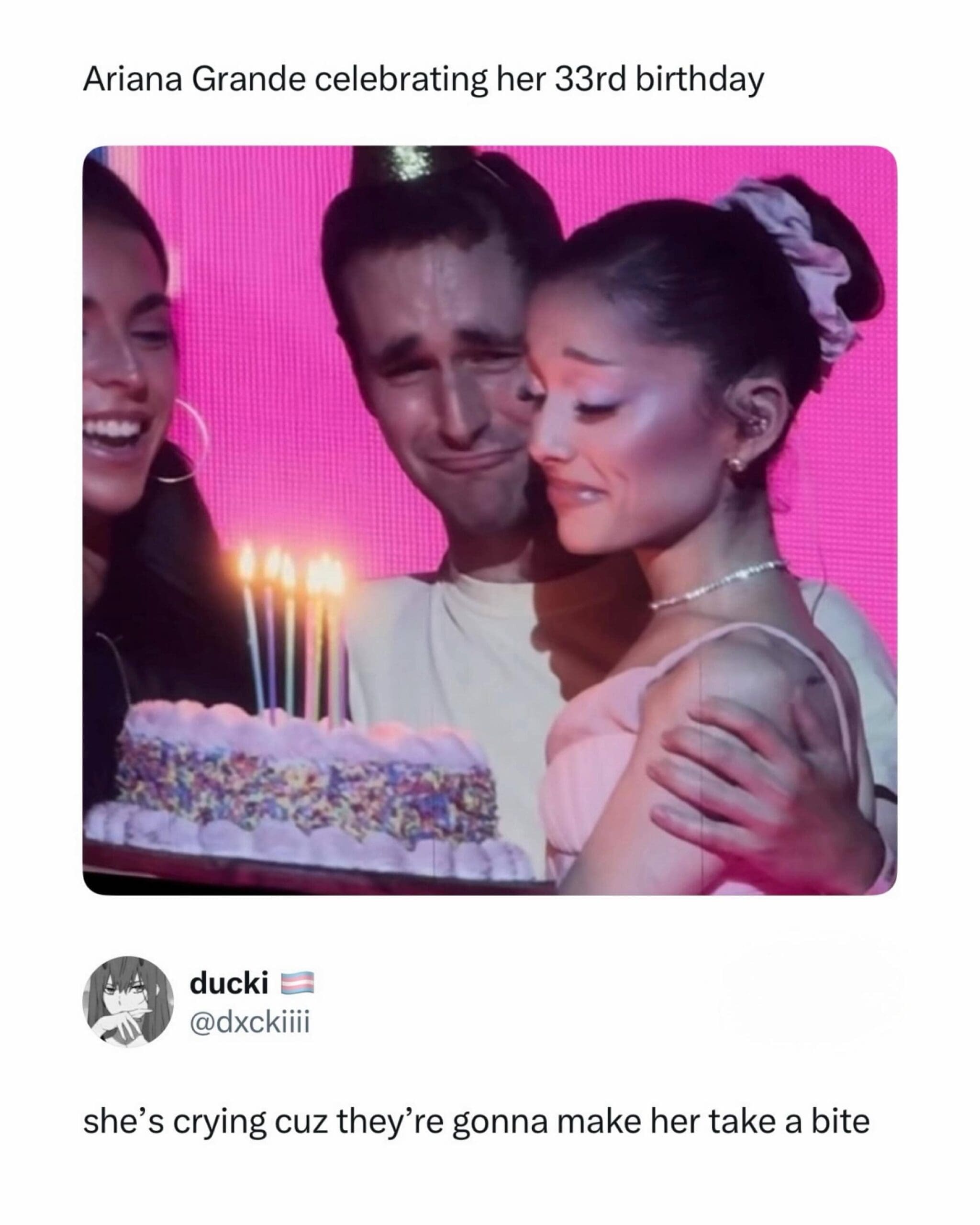 Ariana Grande looking emotional next to a birthday cake with a humorous comment beneath it.