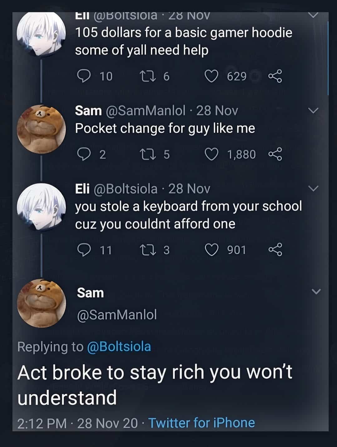 Twitter screenshot meme about buying expensive gamer hoodies and acting broke to stay rich.