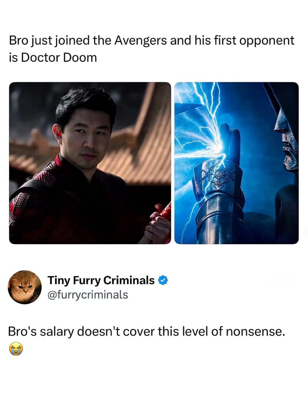 Funny Marvel meme showing Shang-Chi fighting Doctor Doom with hilarious salary joke response.