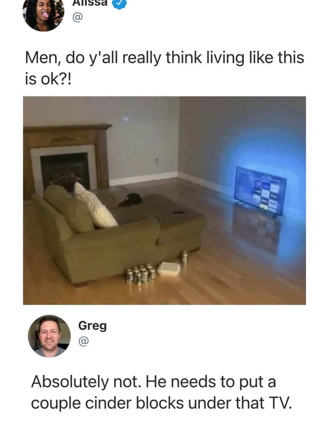 Funny minimalist living room setup meme with television placed directly on wood floor.