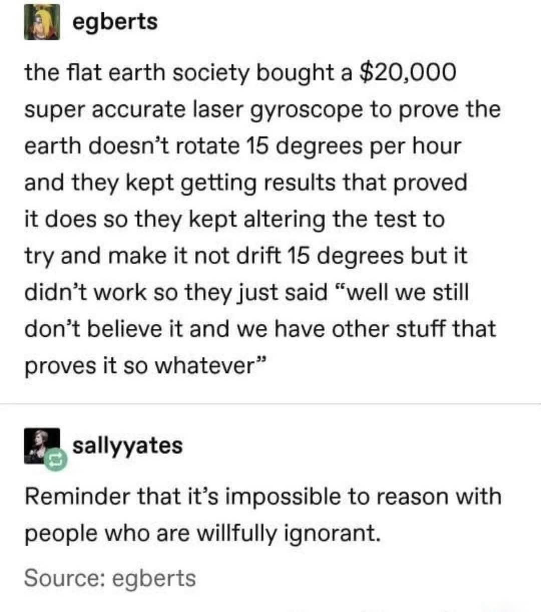 Social media post detailing Flat Earth Society members proving Earth's rotation with a gyroscope.