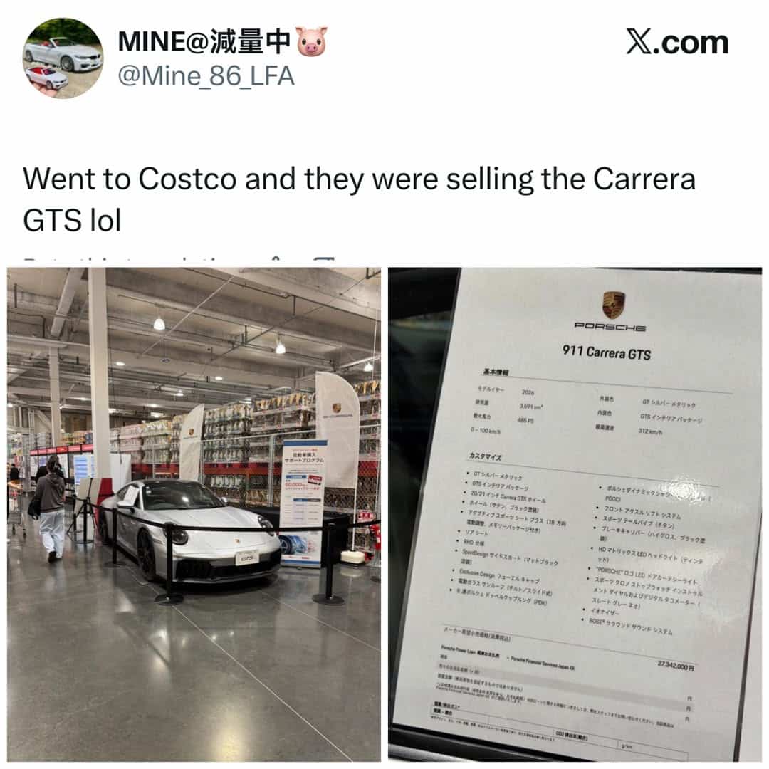 Social media post showing a Porsche 911 Carrera GTS for sale inside a Costco warehouse.