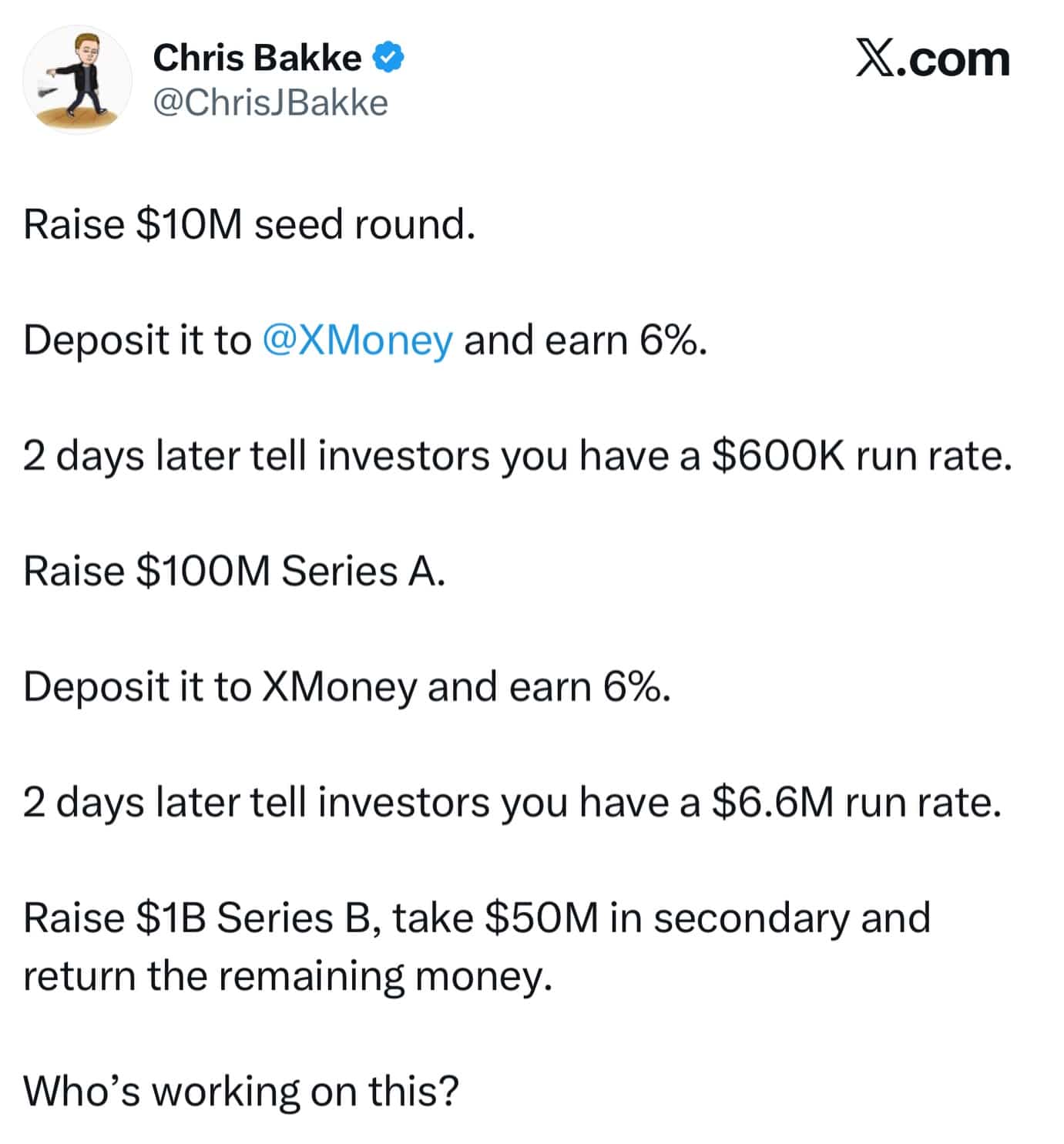 Viral text post describing an absurd venture capital investment strategy loop for startups.
