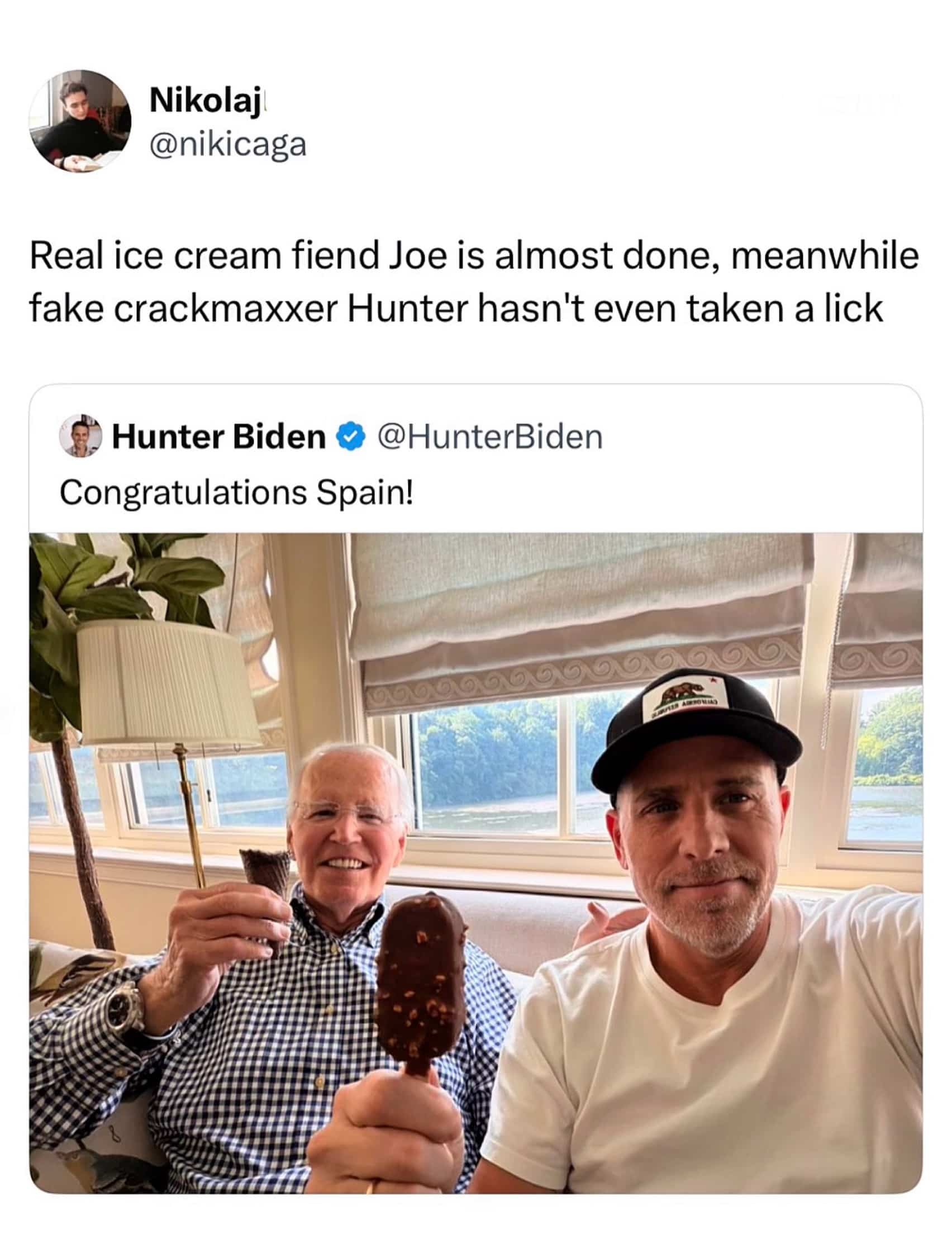 Funny social media post showing Joe Biden and Hunter Biden holding ice cream cones.