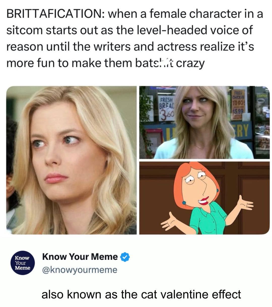 Meme describing Brittafication with images of characters Britta Perry, Dee Reynolds, and Lois Griffin.