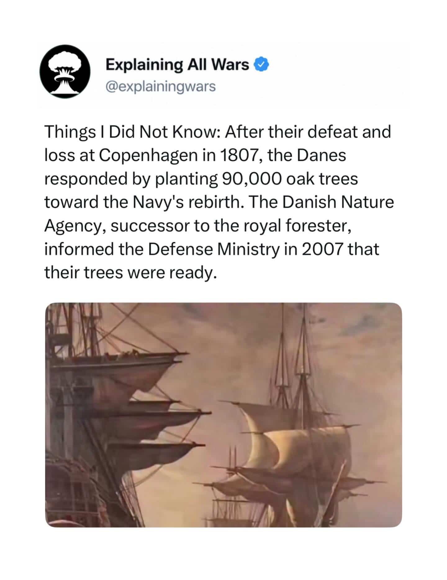 Historical meme text detailing Denmark planting trees for wooden warships over two centuries.