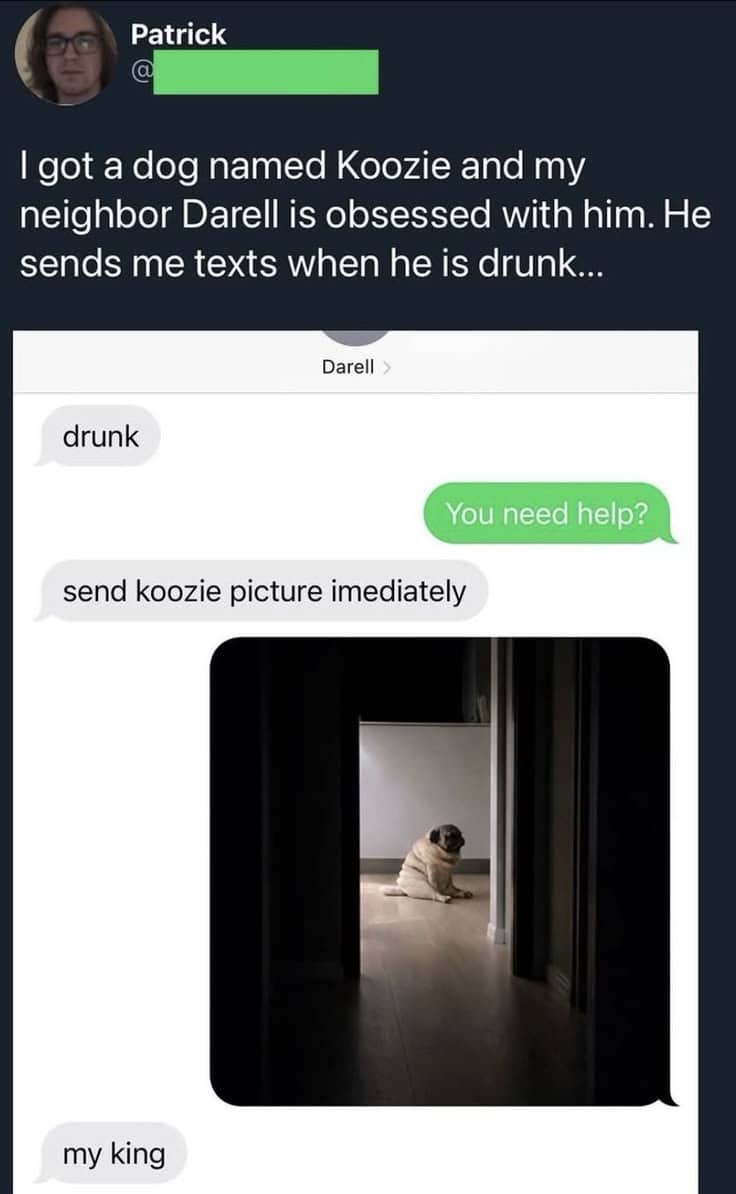 Text message exchange between neighbors showing a funny picture of a pug sitting in a hallway.