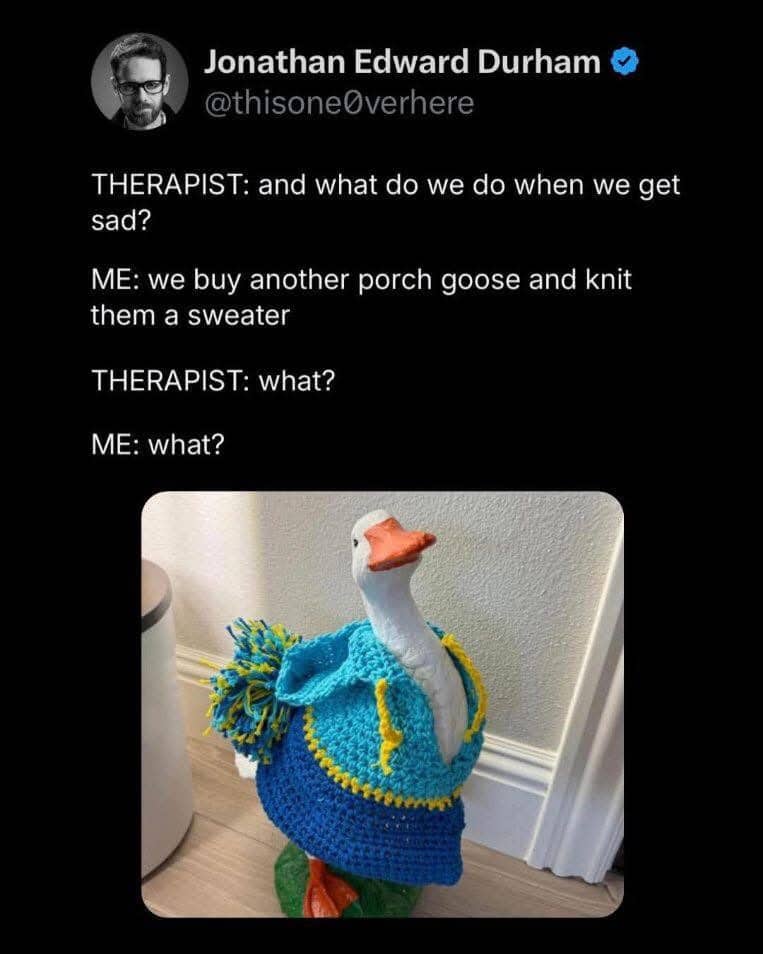 Meme text dialogue about buying a concrete porch goose and knitting a sweater to cope with sadness.