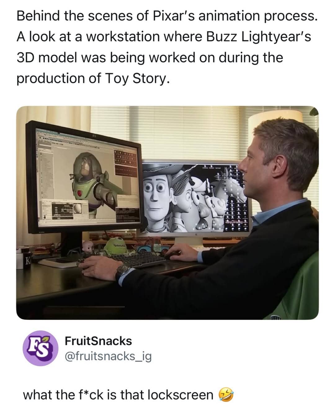 Behind the scenes photograph of Pixar animation process showing a Woody model looking at Buzz.