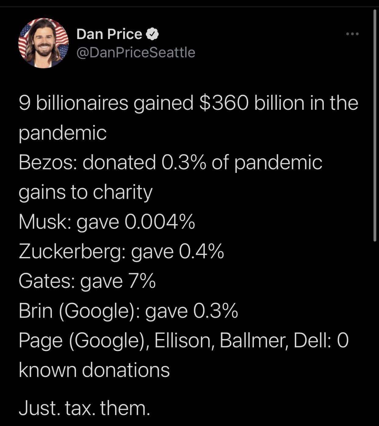 Dan Price tweet meme about billionaire pandemic profits and low charity donation percentages.