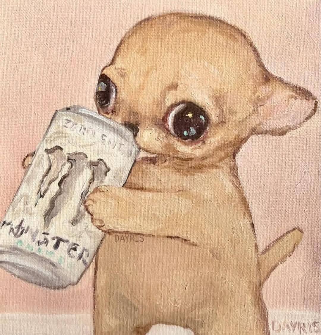 Cute painting of a wide-eyed chihuahua holding a can of zero ultra white Monster energy drink.