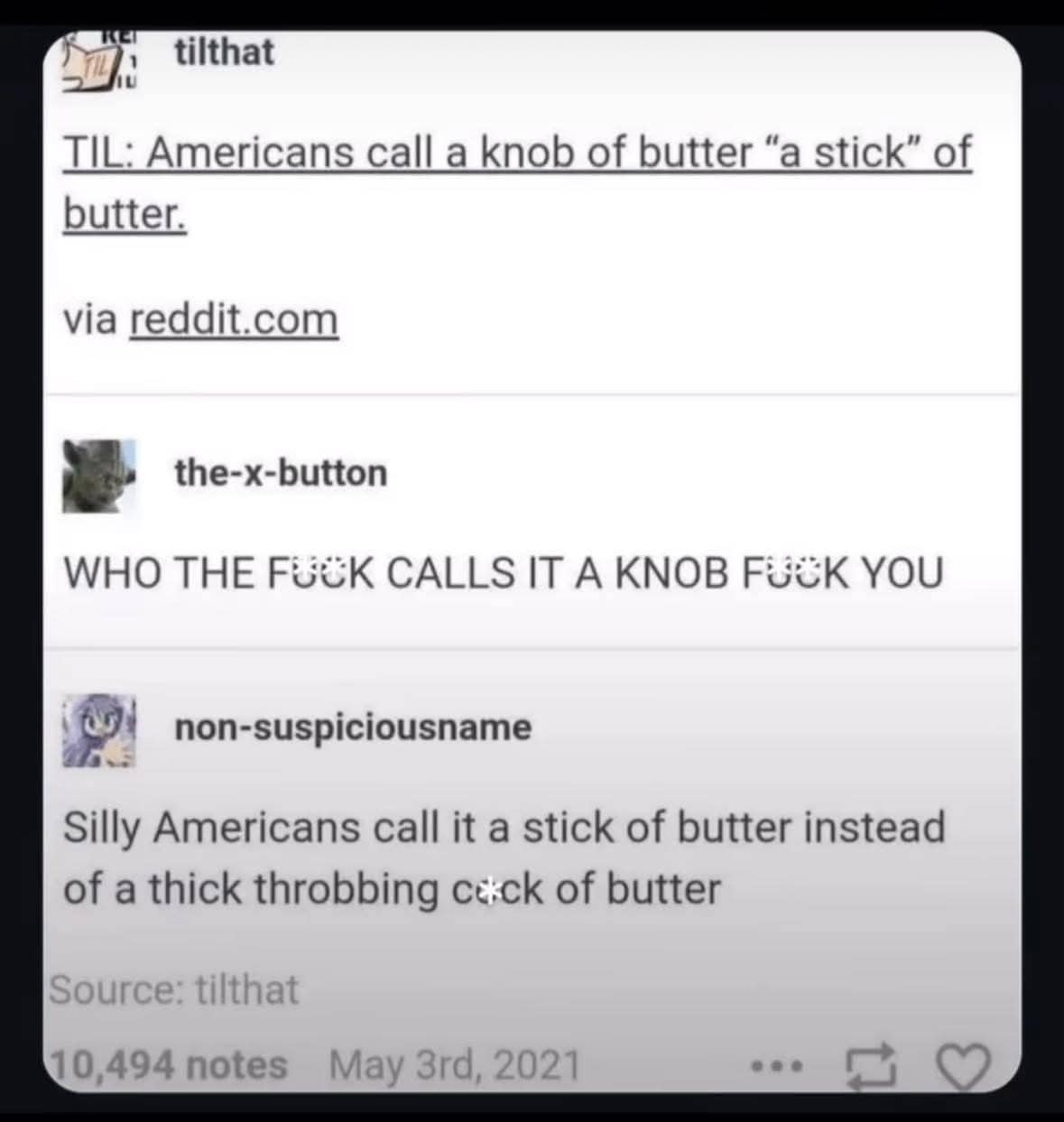 Internet culture screenshot meme discussing regional terms for butter like stick or knob.