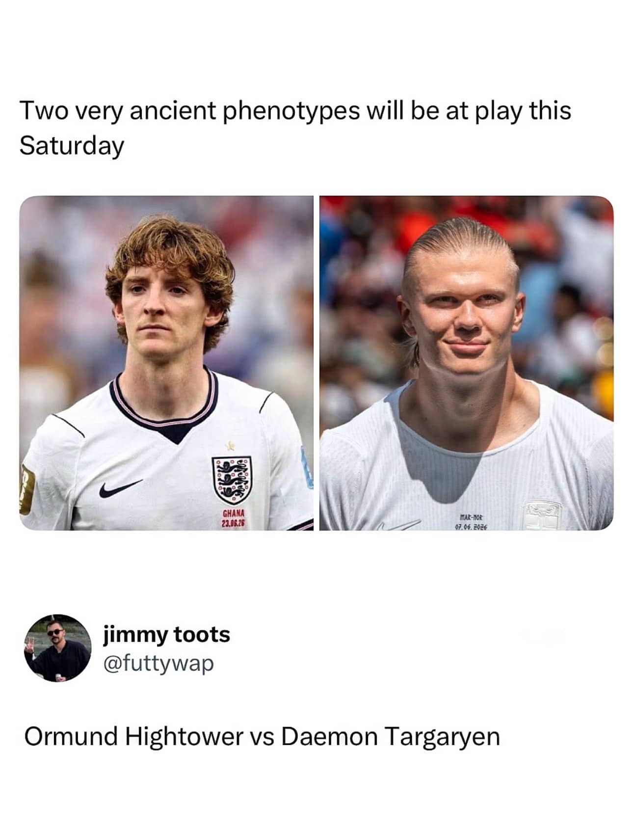Soccer meme comparing two players to House of the Dragon characters Ormund Hightower and Daemon Targaryen.