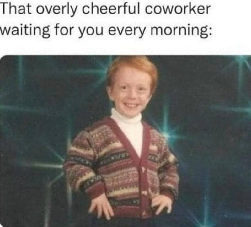 Retro photo of a smiling red-headed boy representing an overly cheerful coworker waiting in the morning.