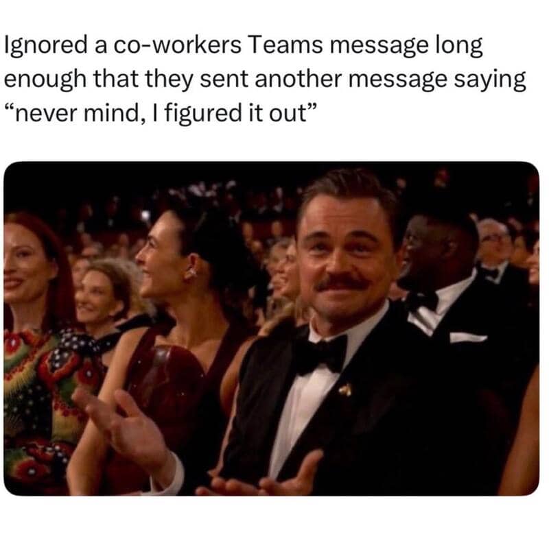 Leonardo DiCaprio clapping at the Oscars representing the joy of a coworker solving their own problem.