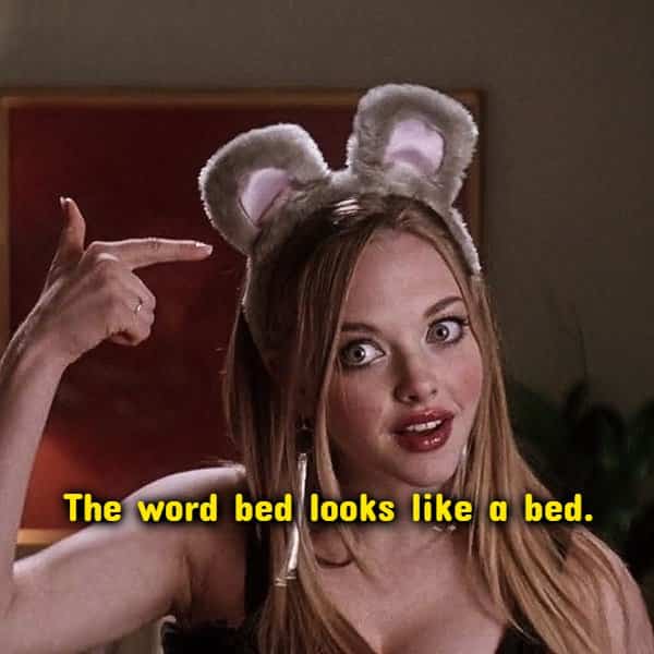 Karen Smith from Mean Girls wearing mouse ears explaining a word trivia random useless fact.