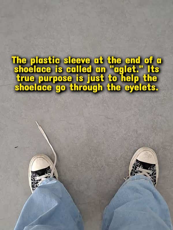 First-person point of view looking down at shoes and an untied lace aglet fact.