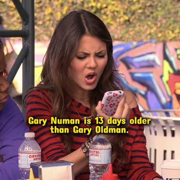 Tori Vega staring bewildered at a smartphone displaying a pop culture random useless fact.