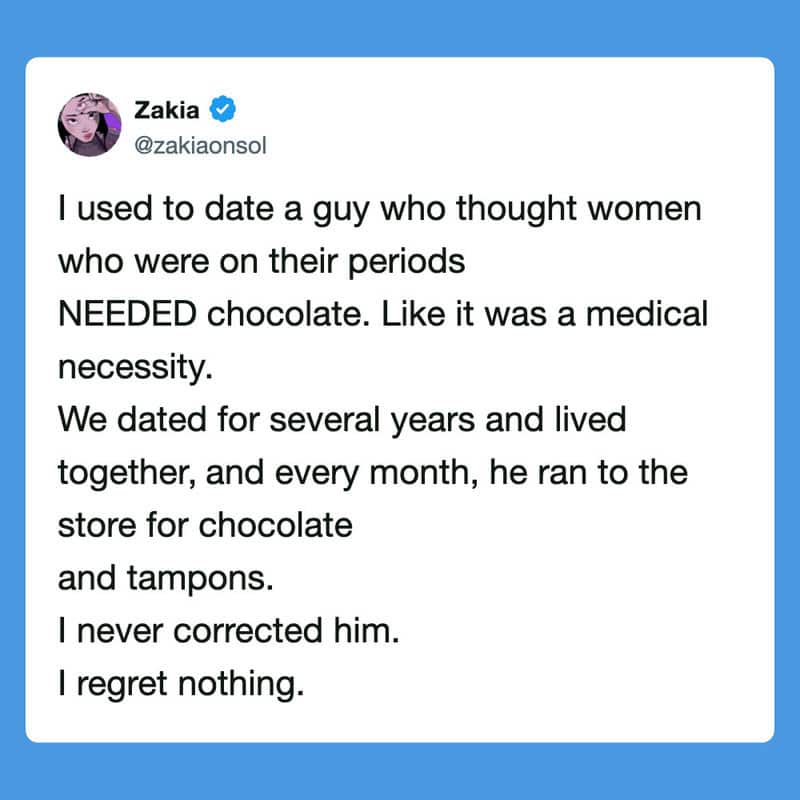 A hilarious relationship meme featuring a tweet by Zakia about her boyfriend who mistakenly believed chocolate was a strict medical necessity during her period.