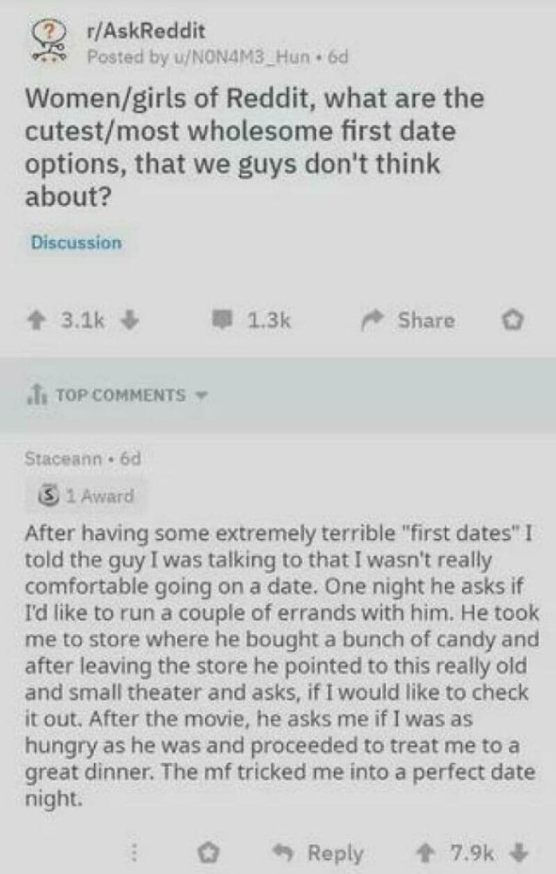 A wholesome Reddit text relationship meme recounting how a guy skillfully circumvented first-date anxiety by turning a low-pressure errand run into a perfect movie night.