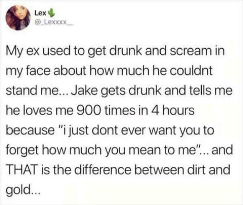 This uplifting relationship meme contrasts the validation of a secure partnership against past toxic patterns via a sweet late-night text admission.