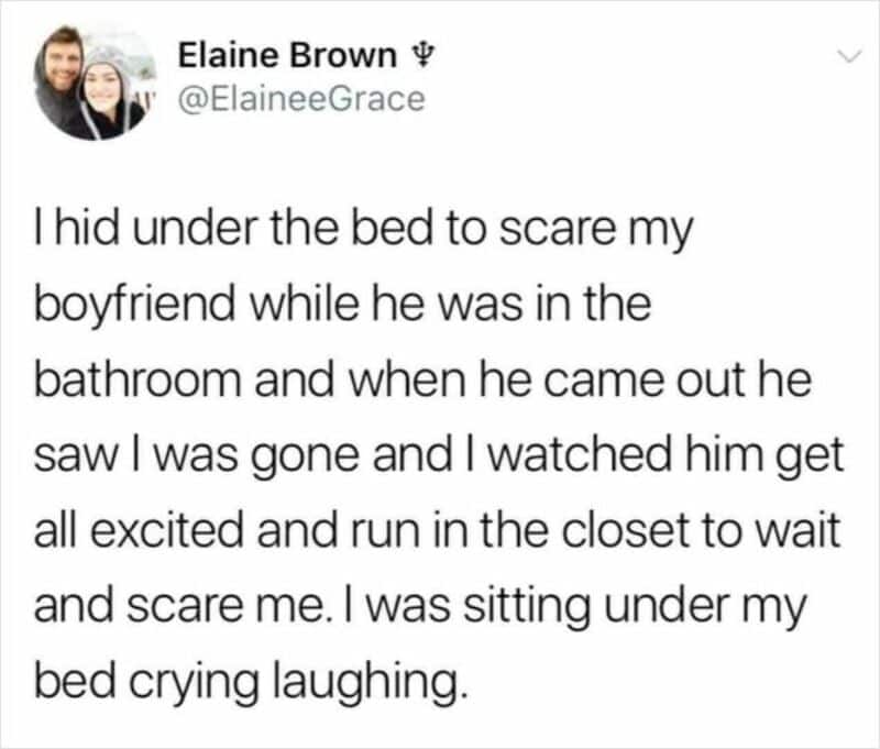 This chaotic relationship meme shares a tweet about an accidental game of hide-and-seek where both partners simultaneously hid to scare the other.