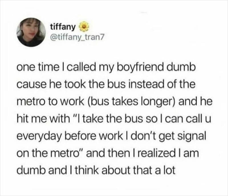 This touching relationship meme presents a tweet by Tiffany about her boyfriend choosing a longer bus commute over the underground metro just to call her every morning.