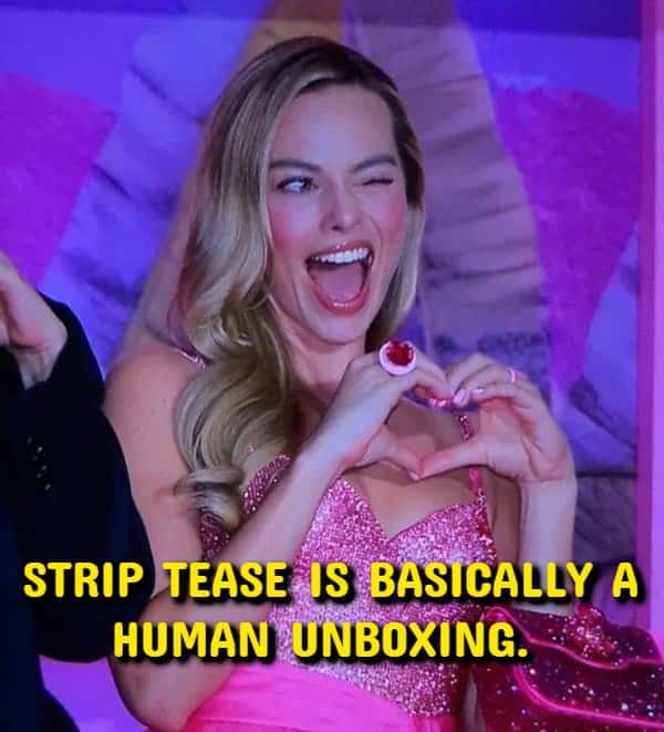 Margot Robbie winking in a pink outfit for a hilarious shower thoughts meme.