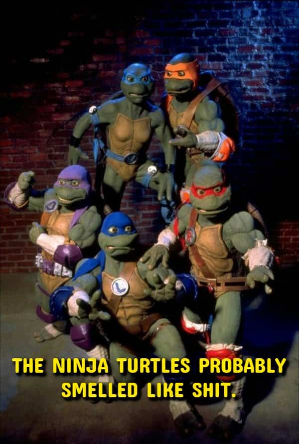 The Teenage Mutant Ninja Turtles posing together in a gritty shower thoughts meme.
