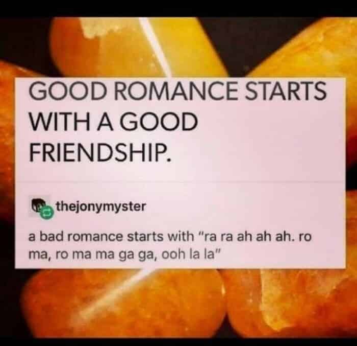 Social media post joke about Lady Gaga lyrics starting a bad romance.