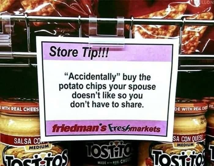 Store tip sign in a grocery aisle suggesting to buy disliked chips.