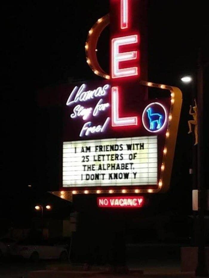 Neon motel sign displaying a pun about not knowing the letter Y.