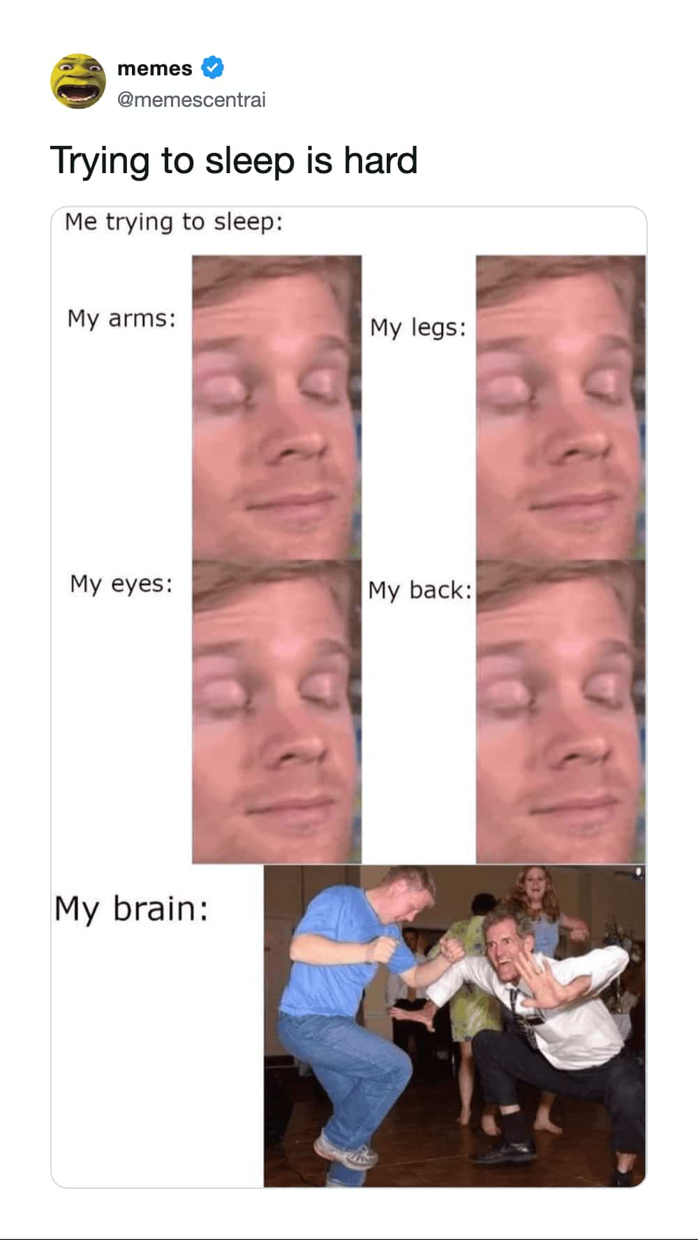 Multi-panel sleep meme showing a resting body but a brain wildly partying and dancing.