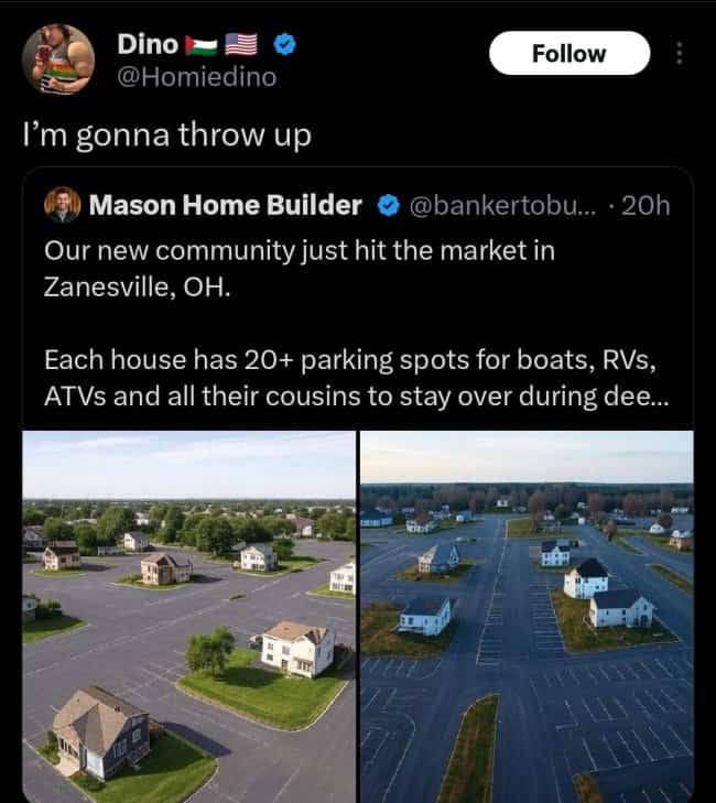 Houses built inside vast asphalt parking lots in suburban urban hellscape development.
