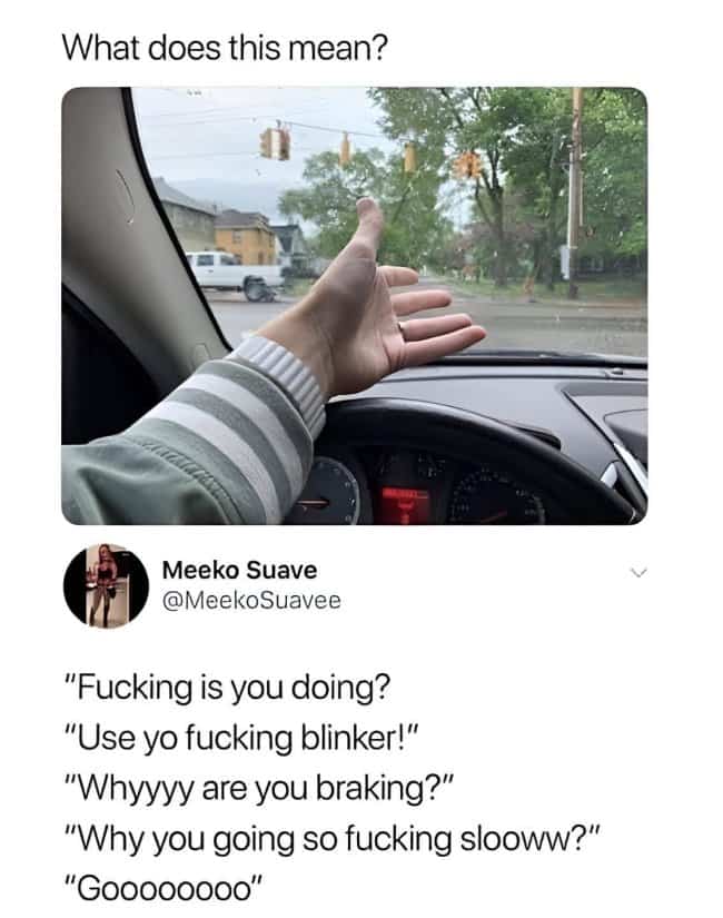 Driver holding open palm hand gesture over steering wheel during frustrating traffic situation.