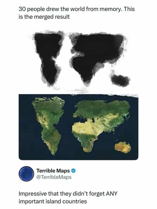 Merged world map drawn from memory by thirty people showing blobbed continents.