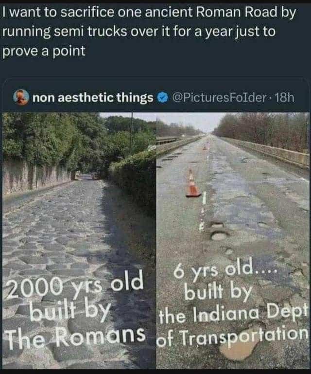 Comparison of preserved ancient Roman stone road against decaying pothole ridden asphalt street.