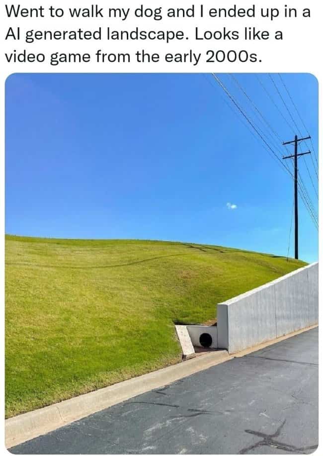 Real landscape featuring grassy hill and drainage pipe resembling low-polygon video game graphics.