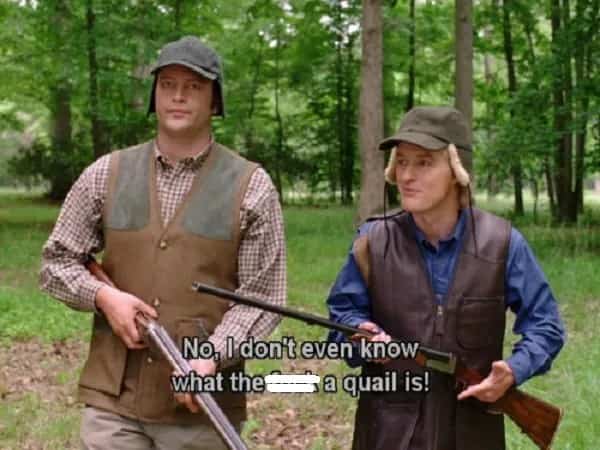 Vince Vaughn and Owen Wilson wearing hunting gear holding shotguns in Wedding Crashers meme.