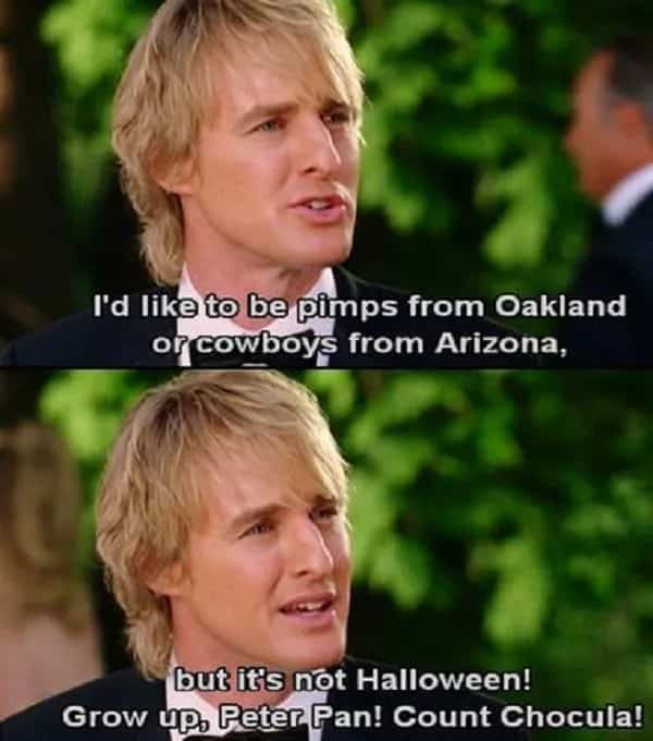 Owen Wilson in a tuxedo delivering the iconic Peter Pan Count Chocula Wedding Crashers quote.