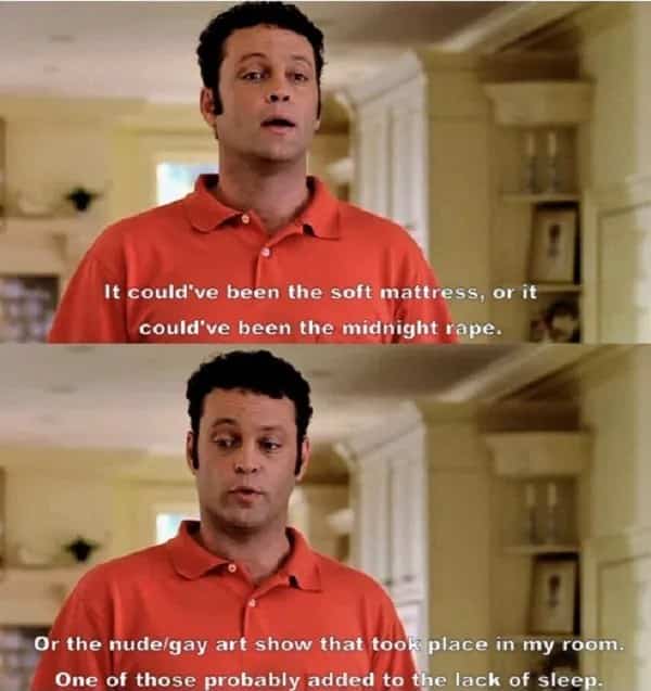 Vince Vaughn explaining his bizarre night in a pink shirt during Wedding Crashers movie.