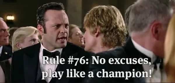 Vince Vaughn whispering Rule 76 play like a champion in tuxedo Wedding Crashers meme.